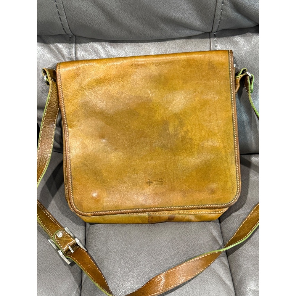 AD Firenze Genuine Leather Messenger Bag Italy Green Brown Satchel Flap